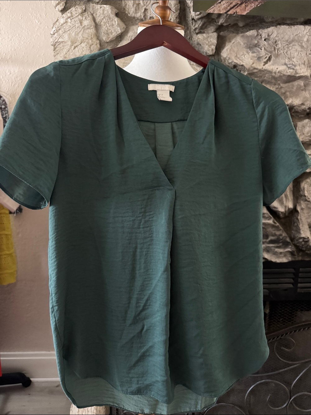 H&M Short-Sleeve V-Neck Blouse in Deep Teal Green